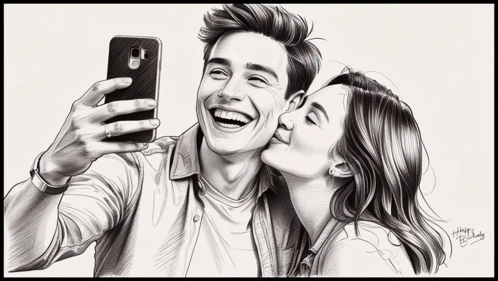 Pencil sketch illustration of a young couple taking a selfie. The girlfriend is kissing her boyfriend's cheek while he laughs naturally, capturing a candid birthday celebration moment. The drawing features light, sketchy lines creating a romantic and casual atmosphere.