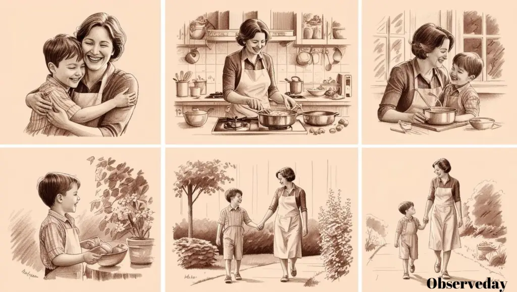 Heartwarming illustration of mother and son cooking together, sharing happy moment"