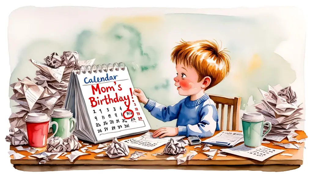 Young son preparing birthday wishes for mom with crumpled papers and calendar