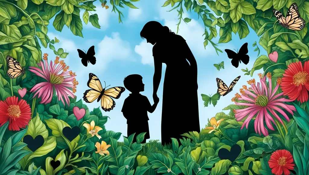 Mother and child silhouettes holding hands in garden with monarch butterflies, pink flowers, and heart decorations against blue sky