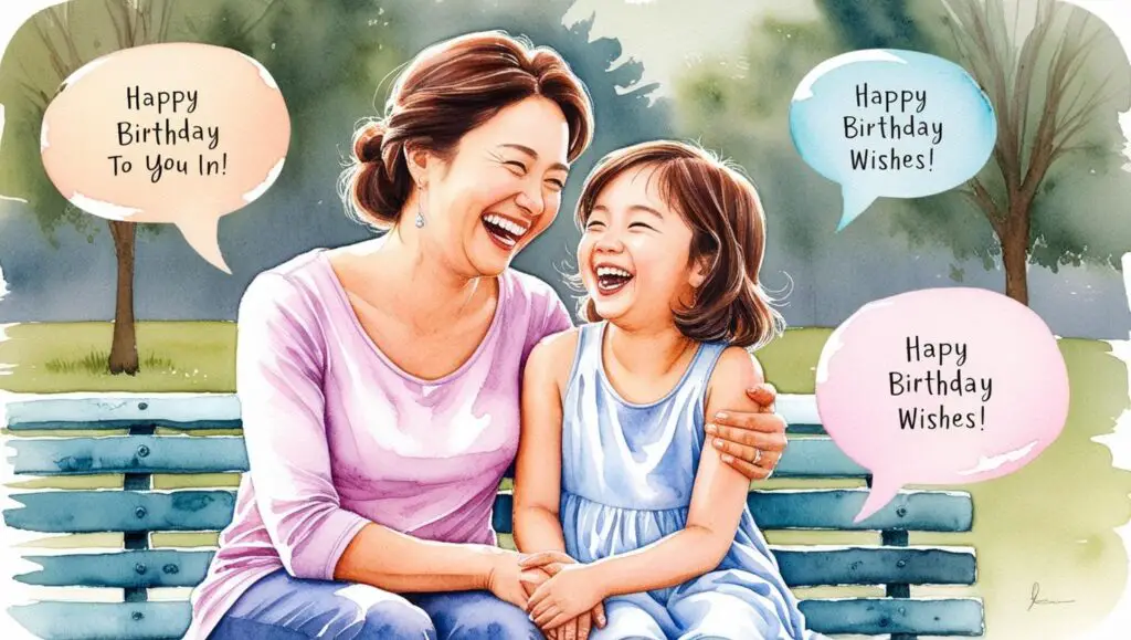 Watercolor illustration of mother and daughter sharing laugh on park bench with floating birthday message bubbles in pastel colors