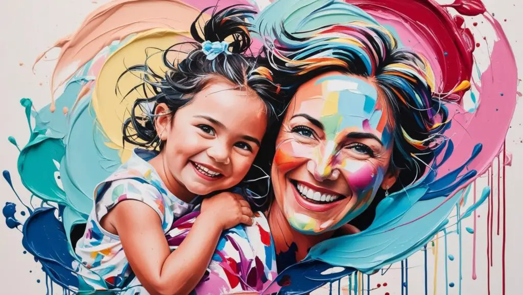 Dynamic brushstroke portrait of mother and daughter sharing joyful moment