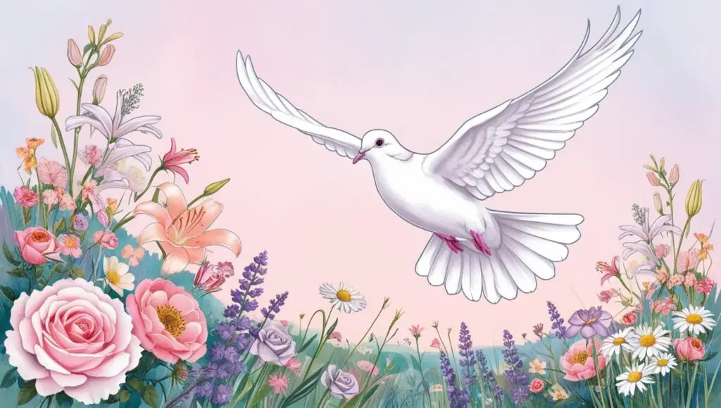 A white dove flying over a landscape of blooming flowers representing personal growth