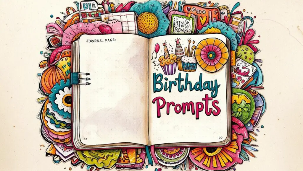 Vibrant doodles and stickers around a journal page titled Birthday Prompts