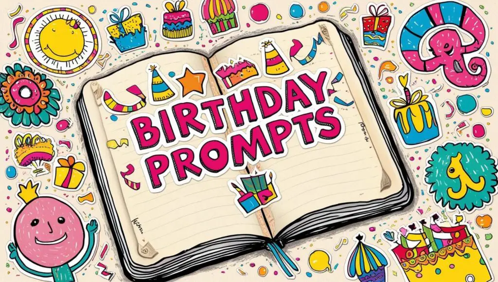 Vibrant doodles and stickers around a journal page titled Birthday Prompts